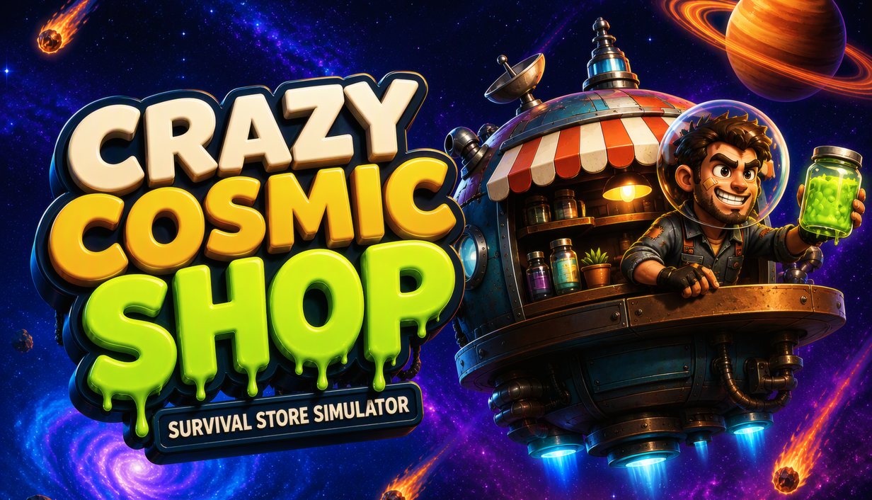Crazy Cosmic Shop: le gérant et son vaisseau-boutique dans l'espace
