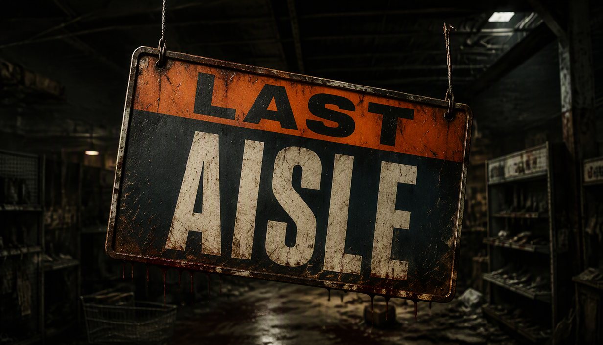 Last Aisle : un panneau rouillé suspendu dans un magasin abandonné